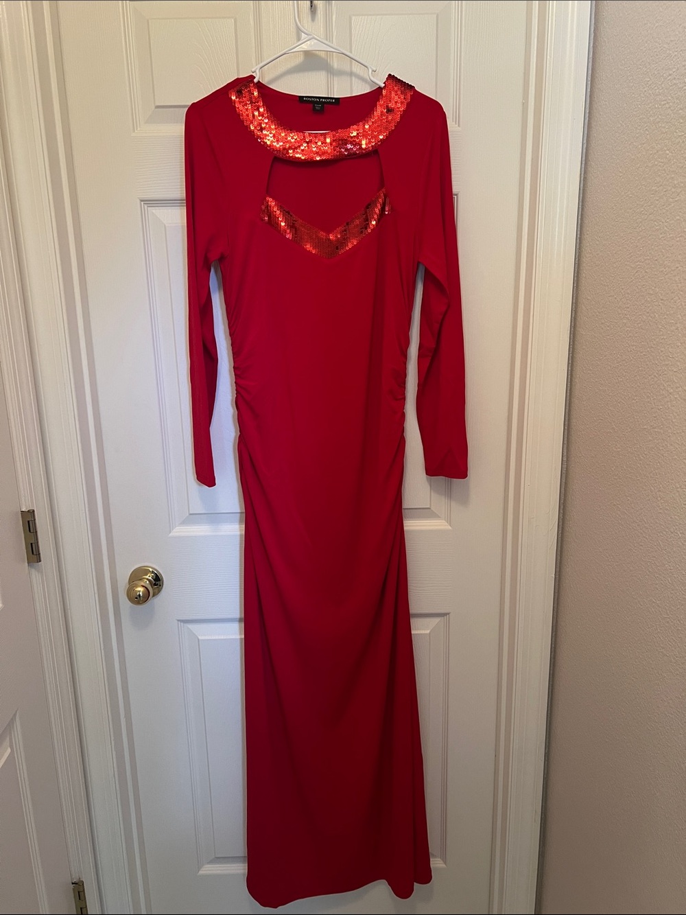 Boston Proper Red Long-Sleeve Sequin Trim Gown